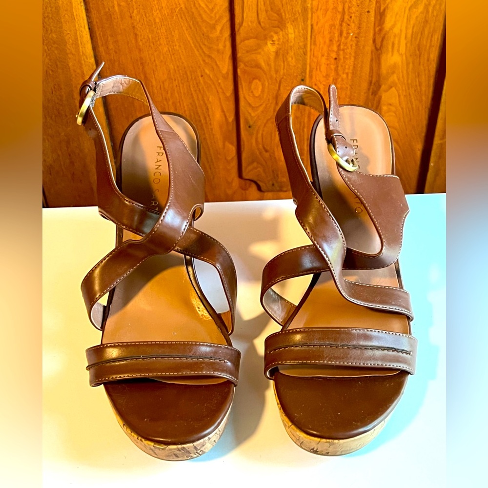 Franco Sarto Cork Heel Brown Leather Wedge Sandals - Sz. 9.5